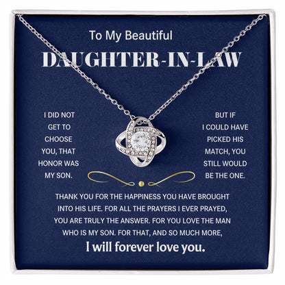 To My Beautiful Daughter In Law; Love Knot Necklace