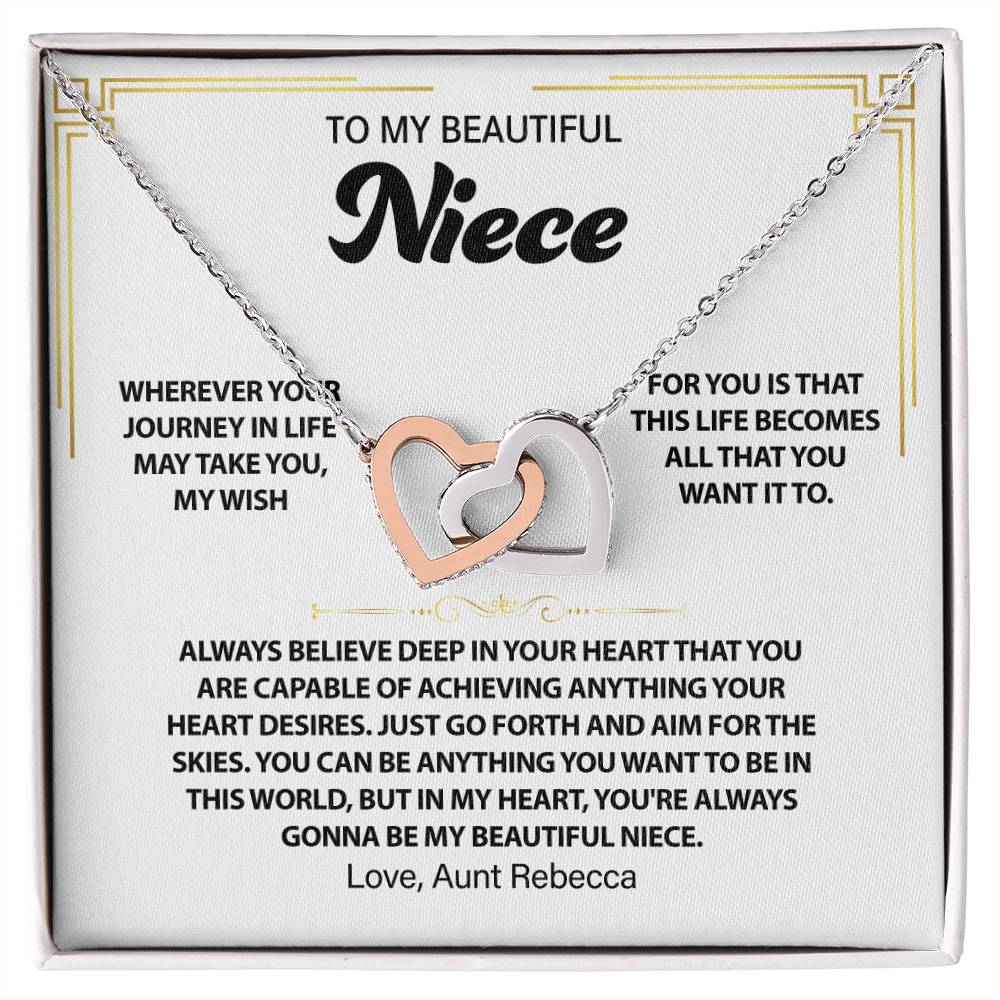 To My Beautiful Niece, Believe Deep, Interlocking Hearts Necklace; Love {Custom Name}