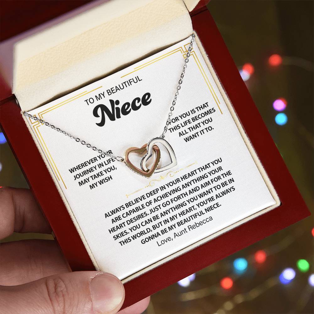 To My Beautiful Niece, Believe Deep, Interlocking Hearts Necklace; Love {Custom Name}